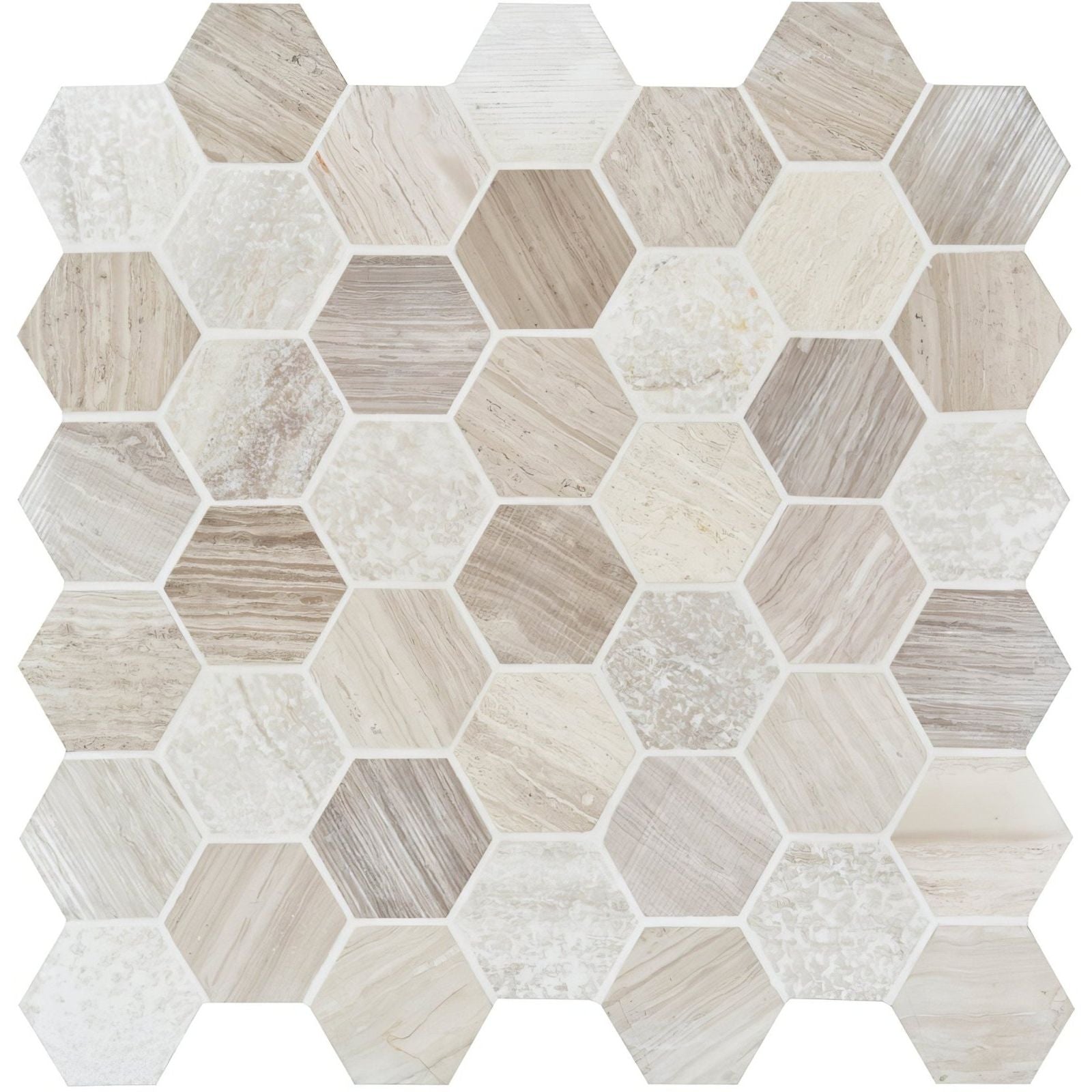 Perla large hexagon stone mosaic tile with light gray beige and white wood-grain patterned hexagonal pieces
