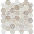 Perla large hexagon stone mosaic tile with light gray beige and white wood-grain patterned hexagonal pieces