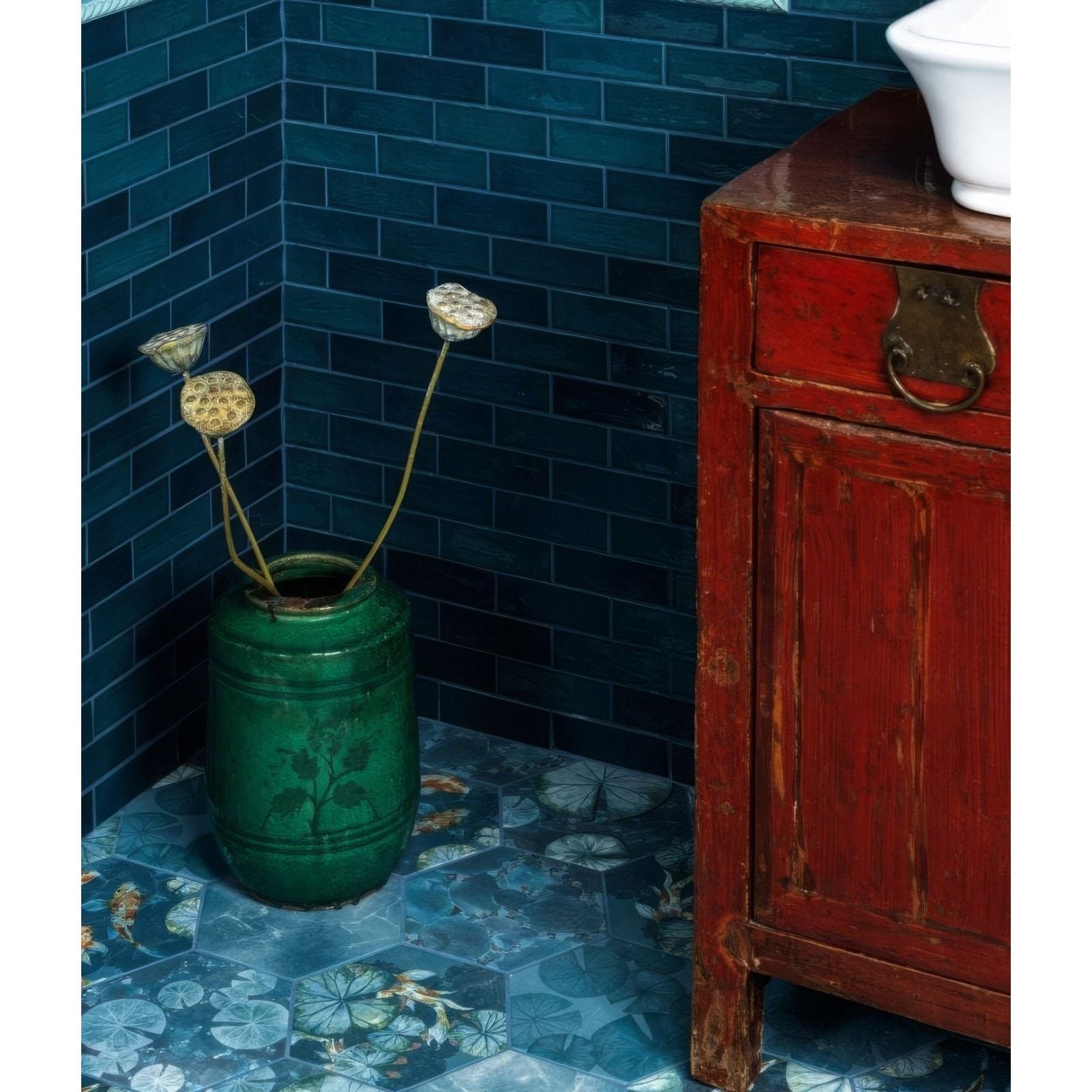 Green ceramic vase with decorative lotus seed pods on slender stems petite porcelain gloss blue design