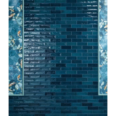 Petite porcelain gloss blue deep teal rectangular glass tiles arranged in brick pattern with gold fish and lotus borders