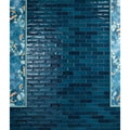 Petite porcelain gloss blue deep teal rectangular glass tiles arranged in brick pattern with gold fish and lotus borders