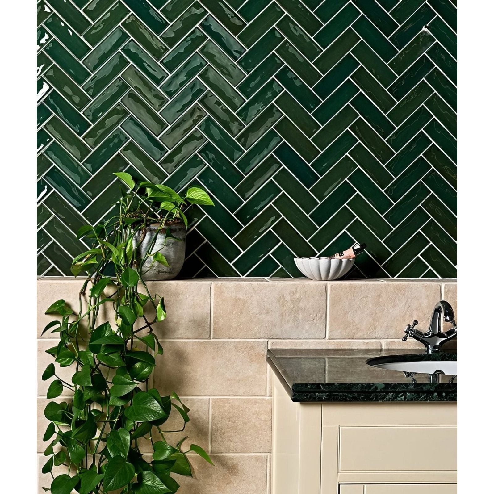 Deep green petite porcelain gloss green herringbone patterned glossy tiles suitable for walls and floors