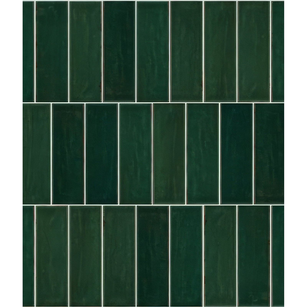 Dark green rectangular porcelain gloss green tiles arranged vertically with thin white grout lines for wall use