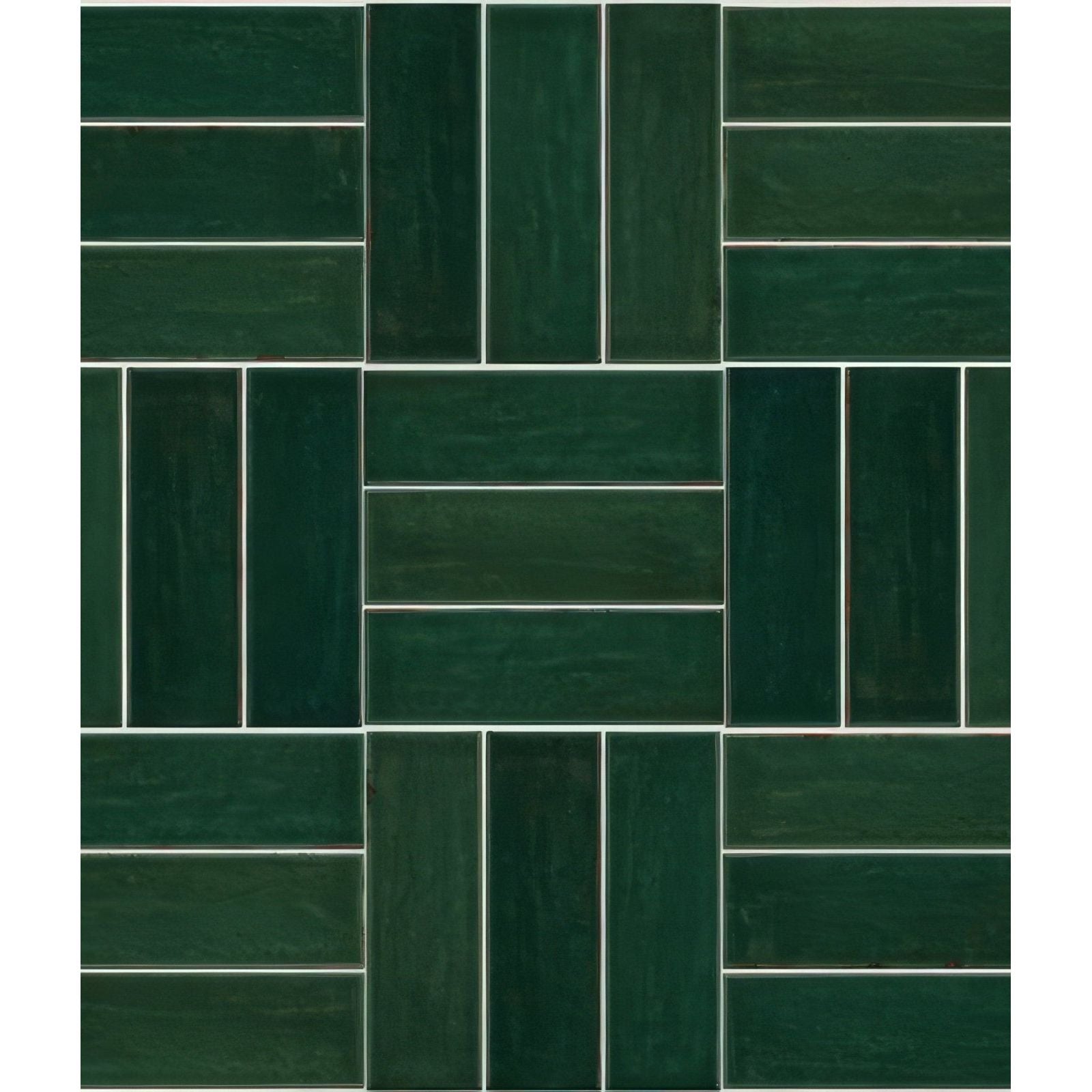 Dark green petite porcelain gloss green rectangular tiles arranged in a herringbone pattern with white grout lines