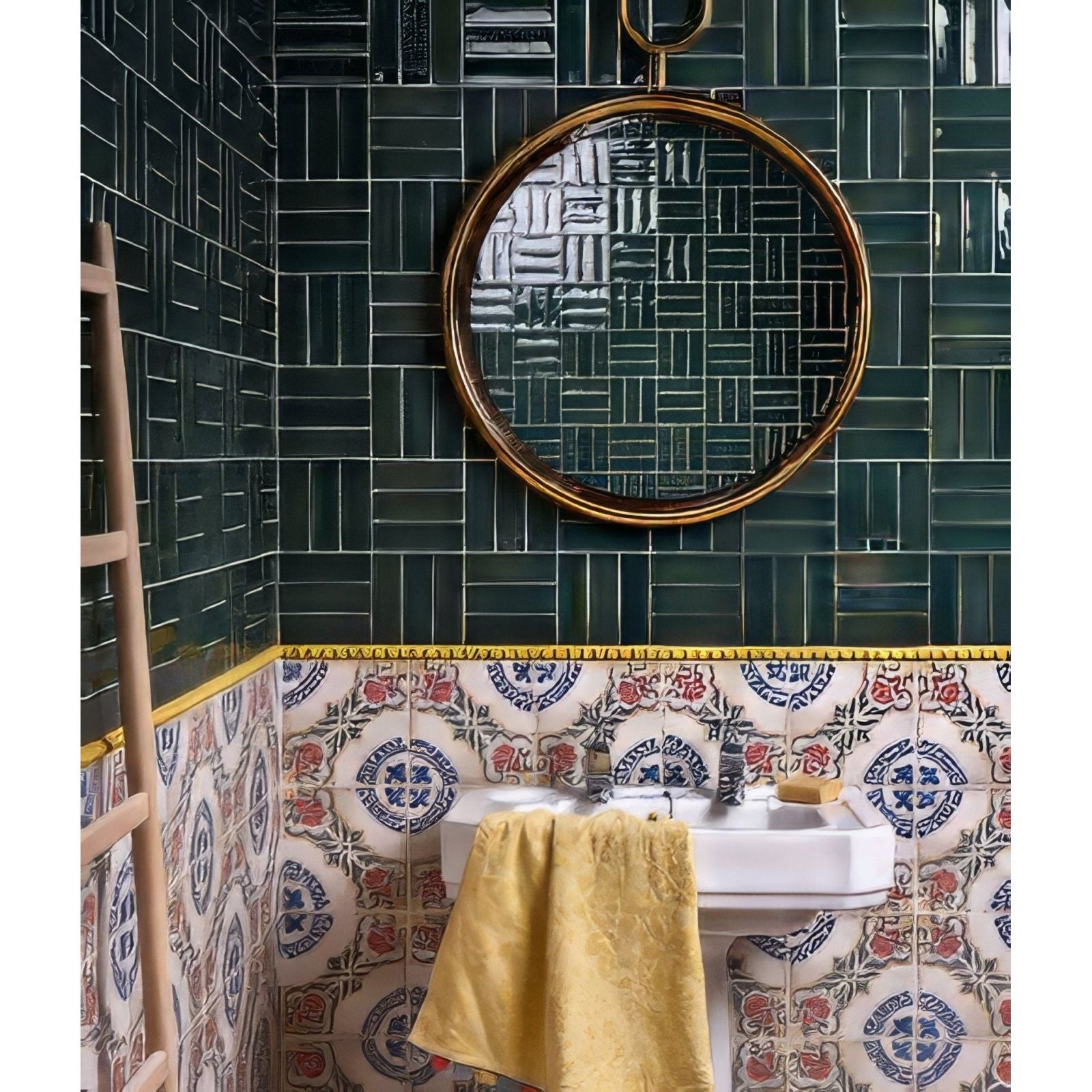 Petite porcelain gloss green dark green tiled bathroom with circular mirror and gold-toned frame above white sink