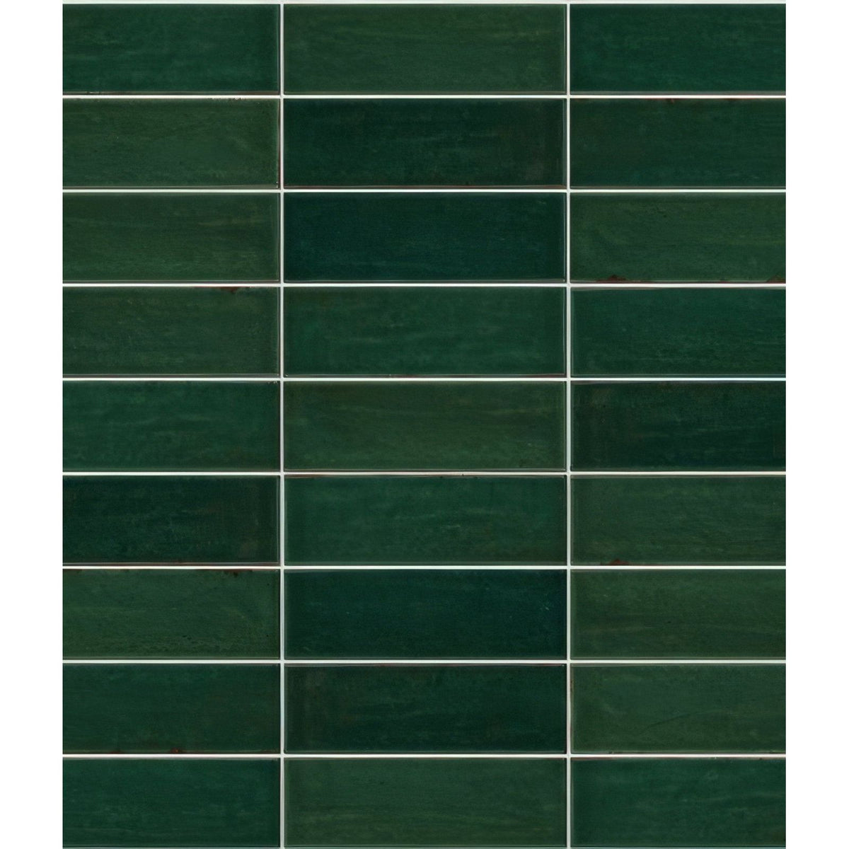Dark green rectangular petite porcelain gloss green ceramic tiles with subtle texture and white grout lines