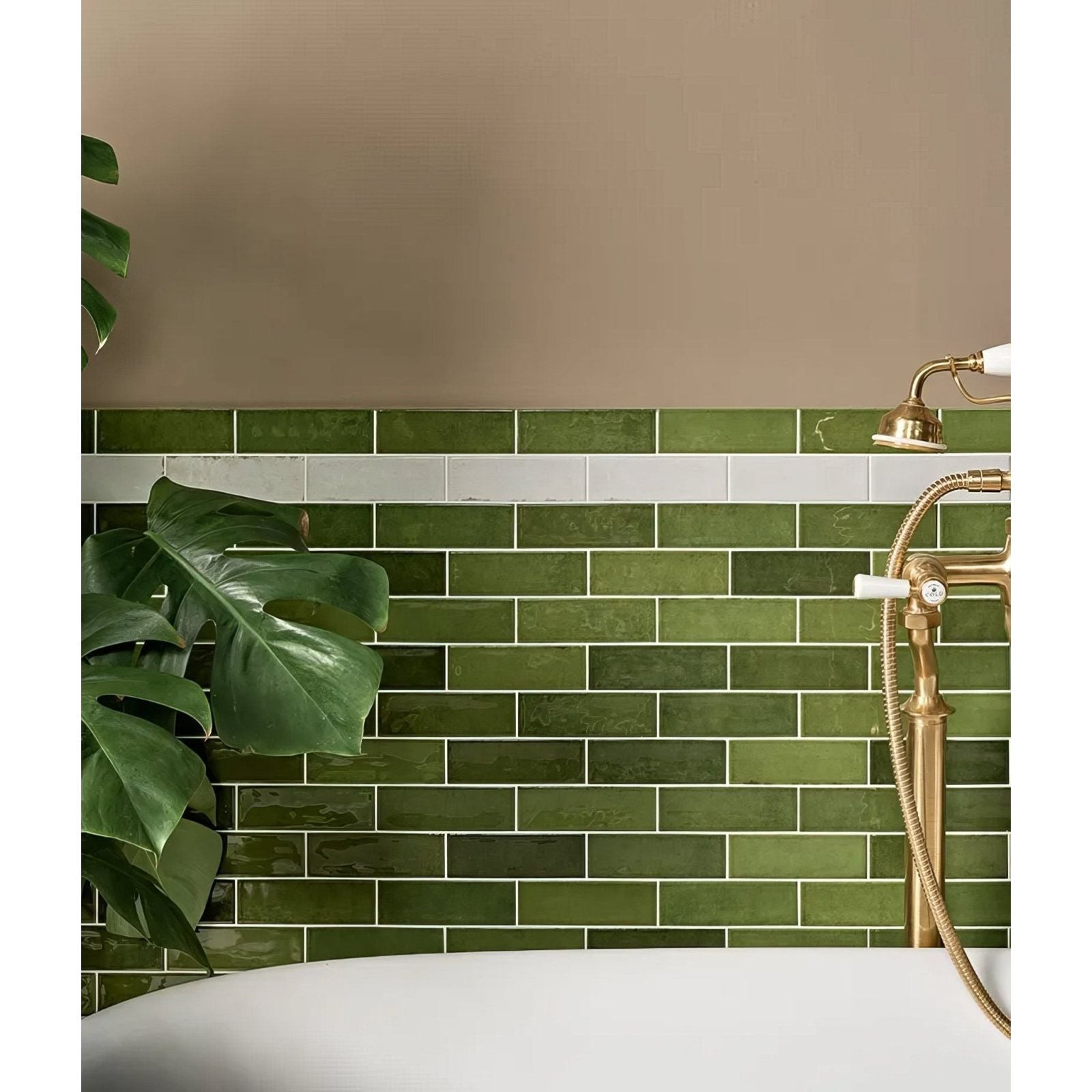 Petite porcelain gloss olive green rectangular subway tiles with glossy finish and white grout in brick pattern