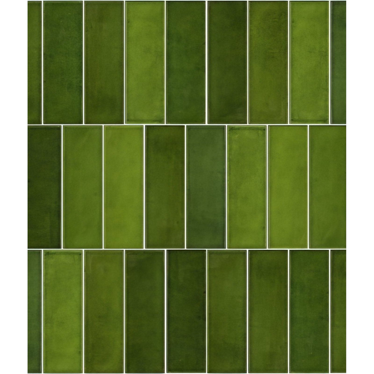 Green rectangular petite porcelain gloss olive tiles arranged in a grid with subtle shade and texture variations