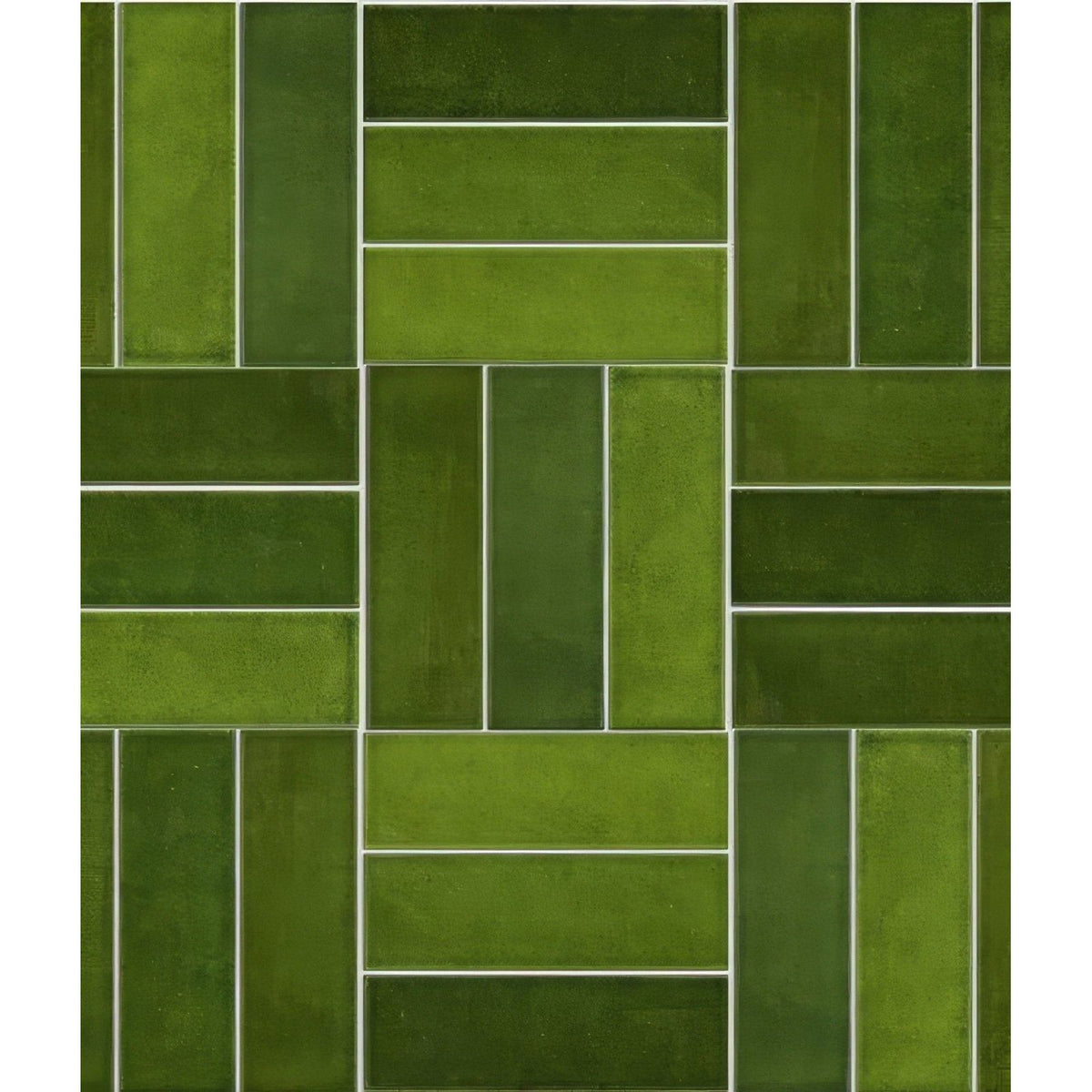 Green rectangular petite porcelain gloss olive tiles arranged in a herringbone pattern with white grout lines