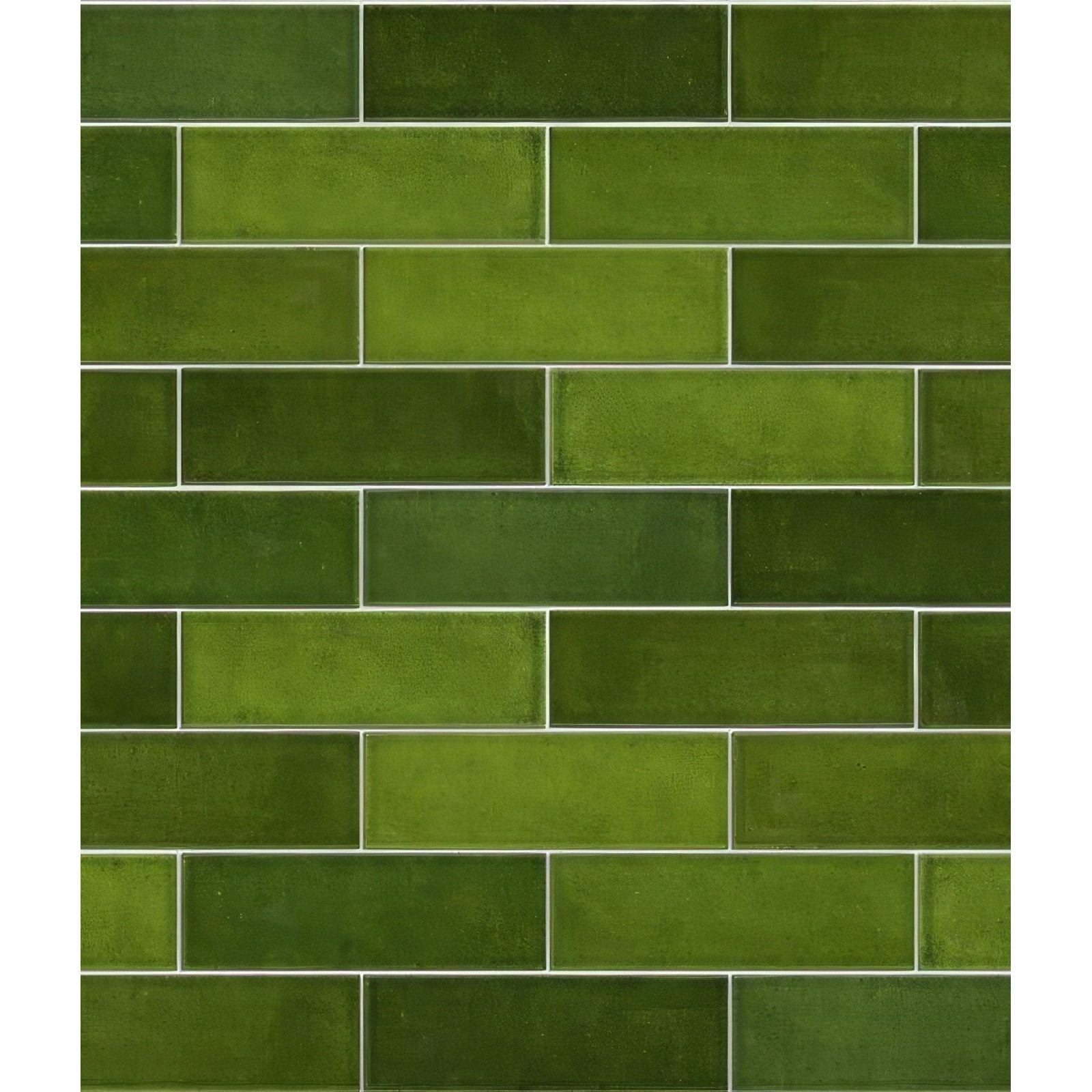 Green rectangular ceramic tiles in a staggered brick pattern with subtle shade and texture variations petite porcelain gloss olive