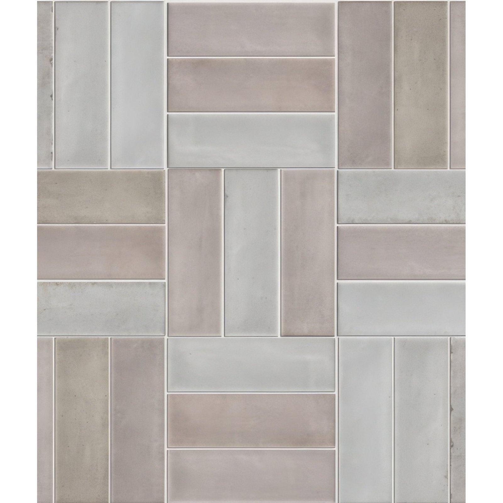 Gray and beige rectangular petite porcelain gloss pearl ceramic tiles arranged in a herringbone pattern