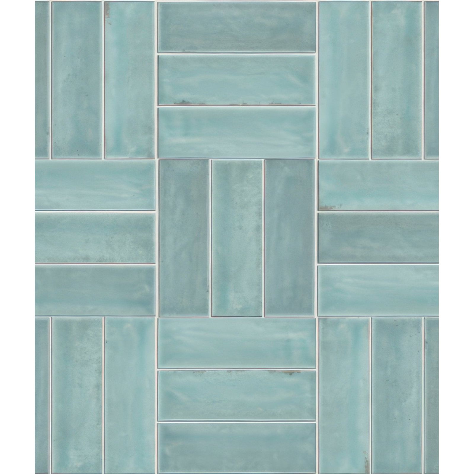 Petite porcelain gloss sky teal rectangular tiles arranged in a herringbone pattern for wall or floor use