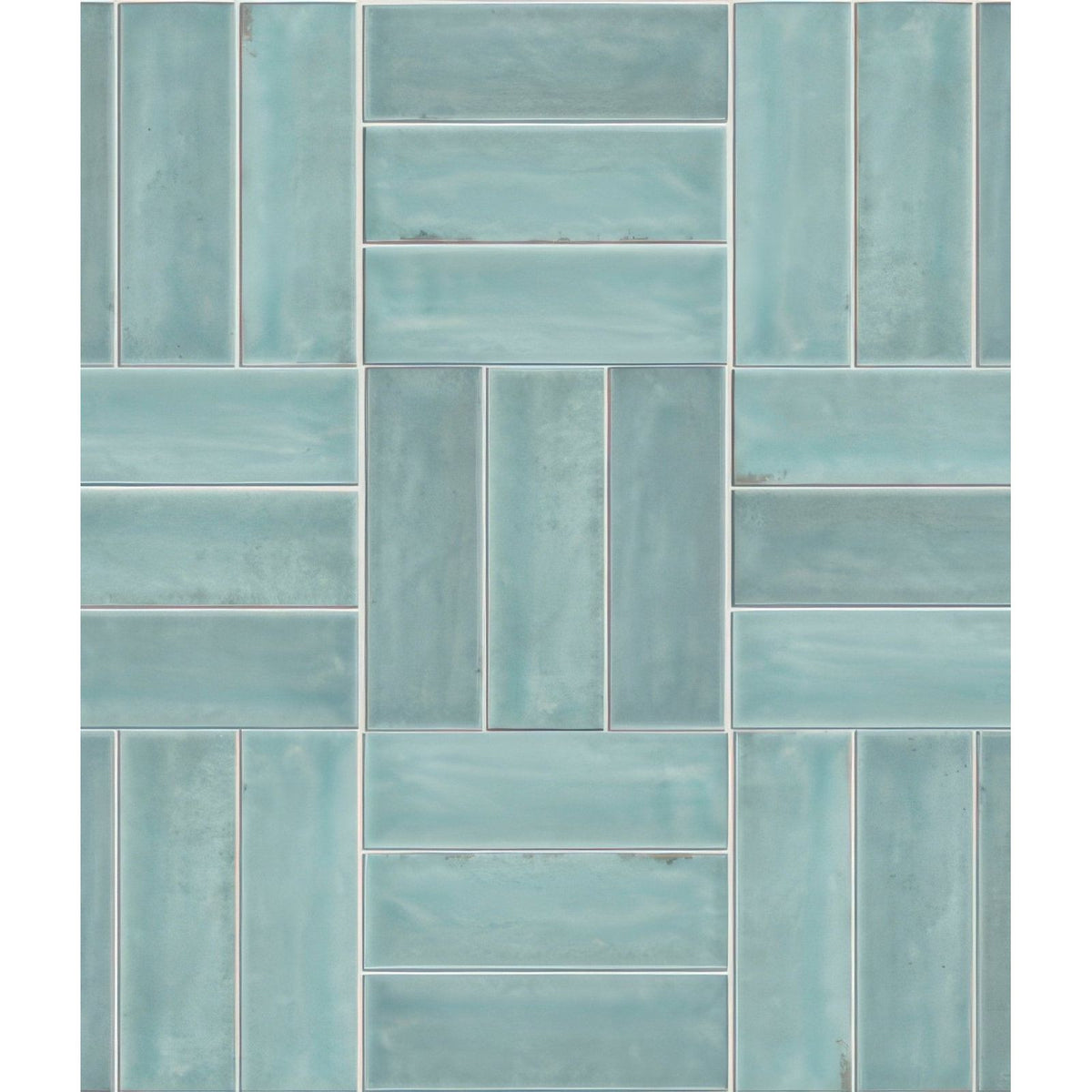 Petite porcelain gloss sky teal rectangular tiles arranged in a herringbone pattern for wall or floor use