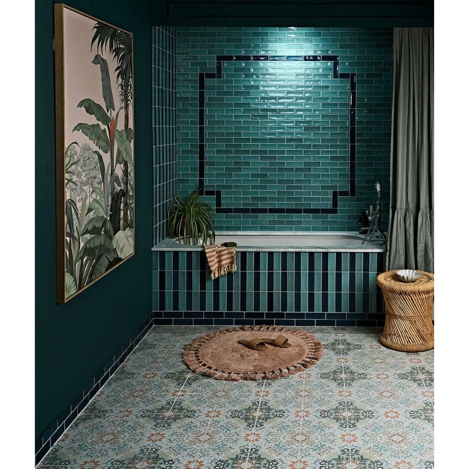 Petite porcelain gloss sky teal-green glossy subway tiles with black grout forming a geometric pattern by bathtub