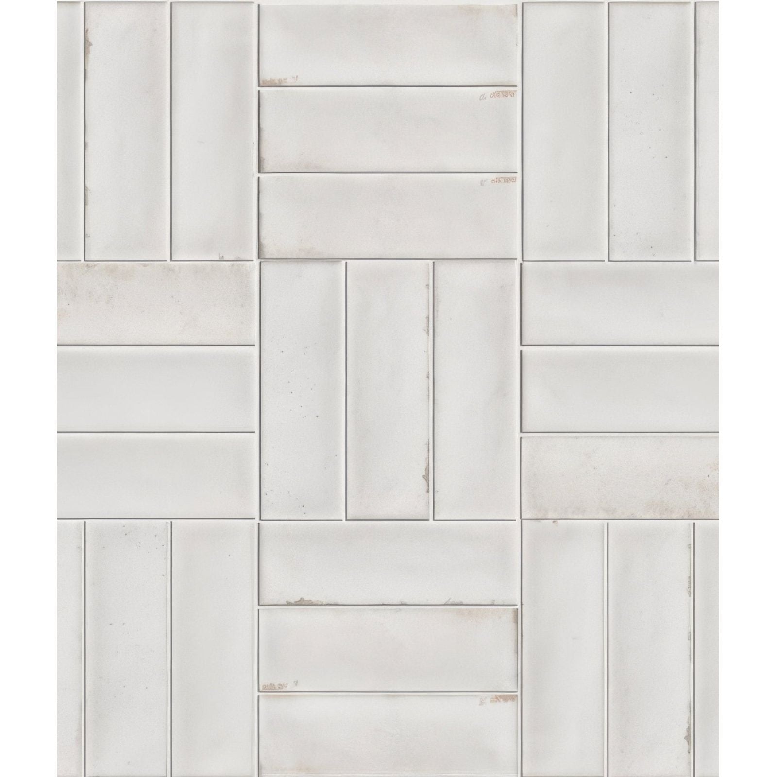 Petite porcelain gloss white rectangular mosaic tile with subtle textured finish in interlocking herringbone pattern