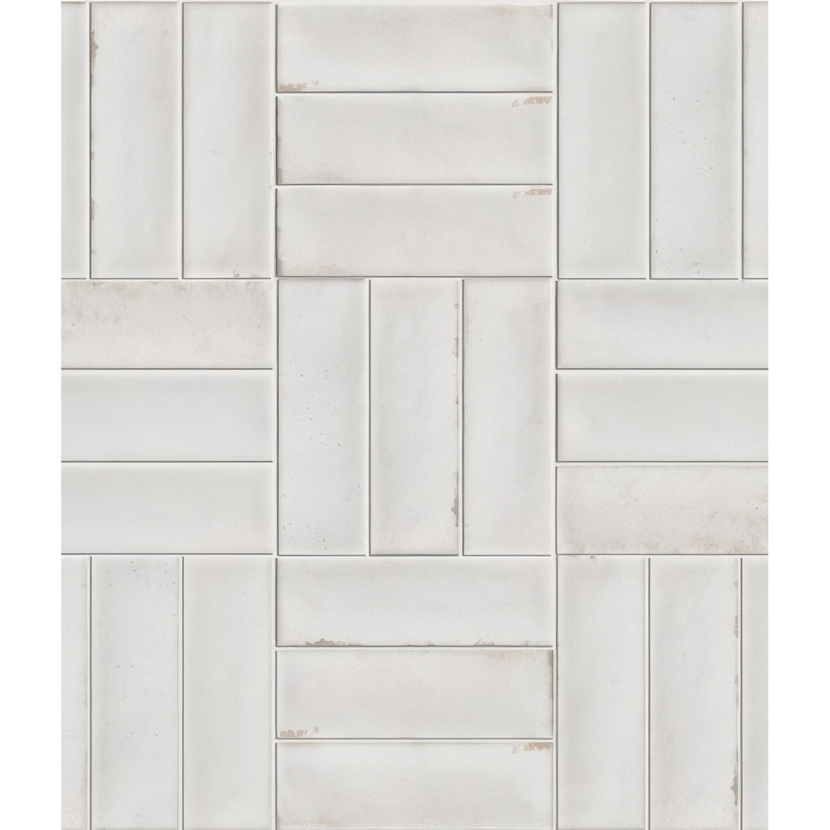 Petite porcelain gloss white rectangular mosaic tile with subtle textured finish in interlocking herringbone pattern