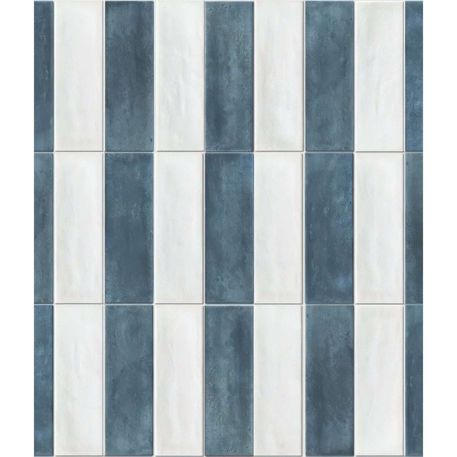 Petite porcelain matt blue tile with blue and white rectangular stripes and a textured matte finish
