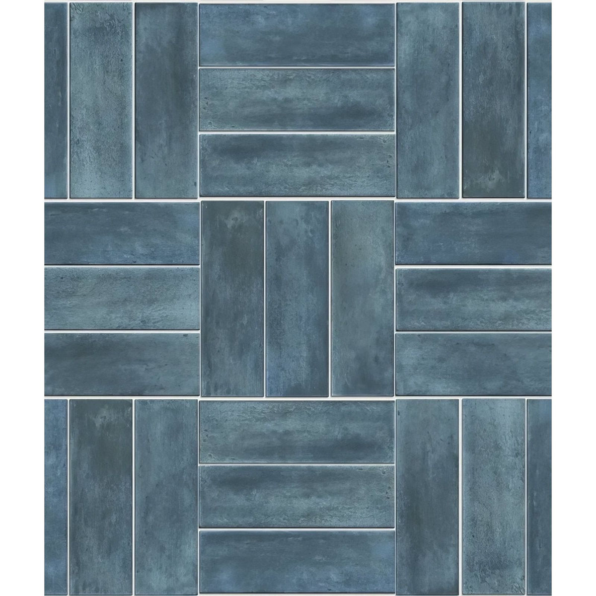 Blue-gray petite porcelain matt rectangular tiles arranged in a herringbone pattern for flooring or walls