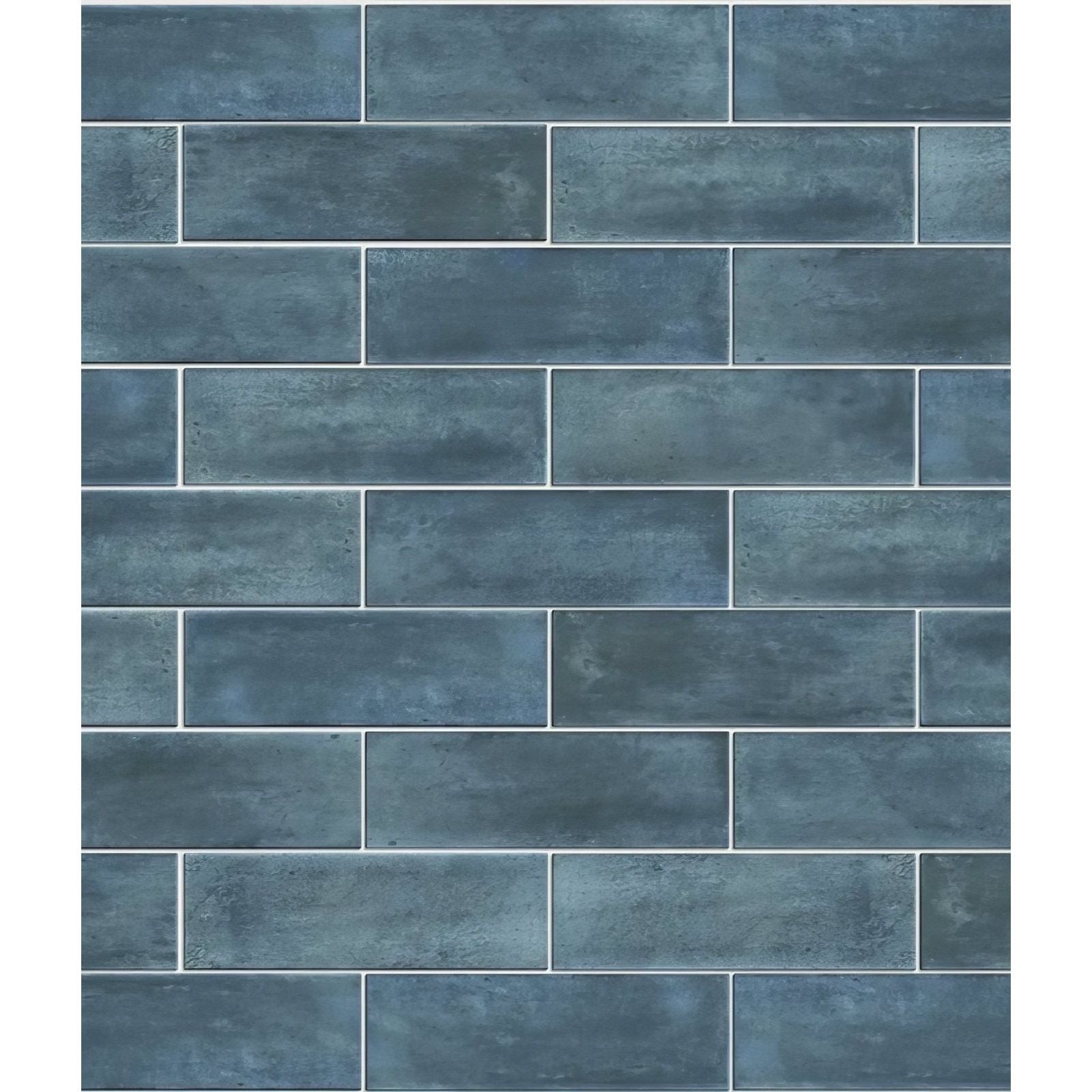 Petite porcelain matt blue rectangular ceramic tiles in blue-gray with a rustic textured finish arranged in brick pattern