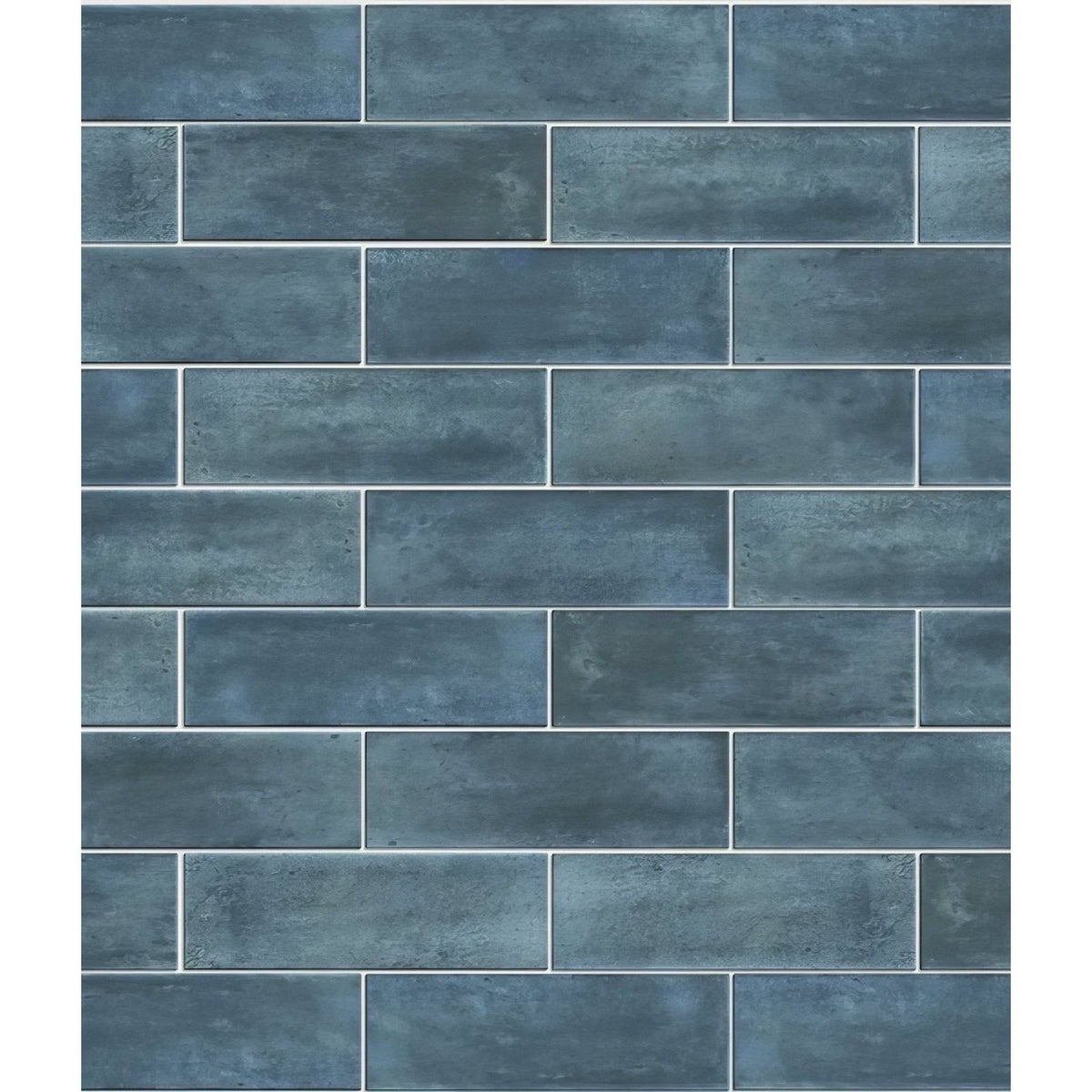 Petite porcelain matt blue rectangular ceramic tiles in blue-gray with a rustic textured finish arranged in brick pattern