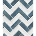 Petite porcelain matt blue ceramic tiles with a blue and white herringbone pattern for decorative surfaces