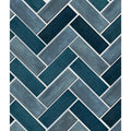 Petite porcelain matt blue ceramic tiles in teal and gray herringbone pattern with a matte finish