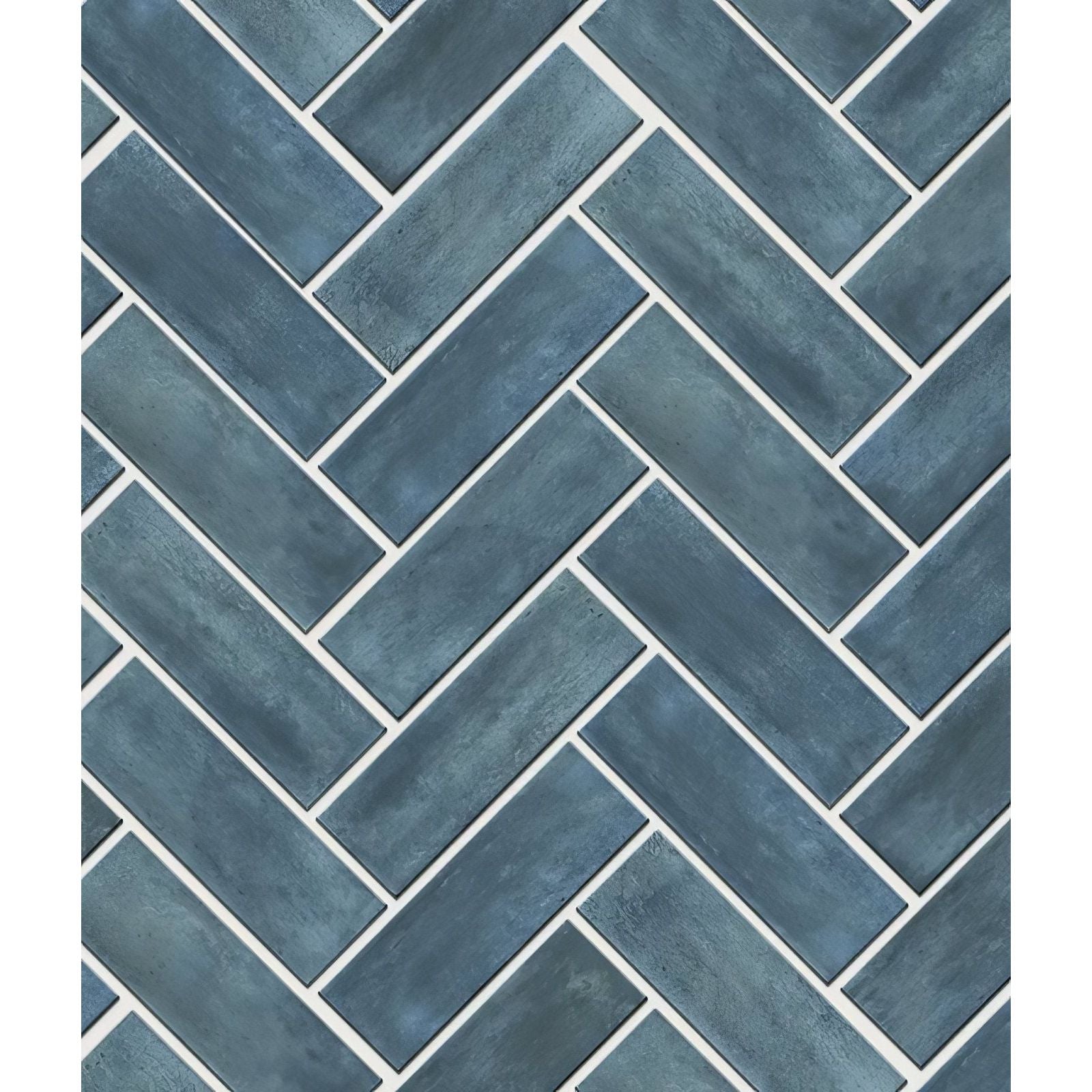 Blue-gray petite porcelain matt ceramic tiles with herringbone pattern and textured matte finish