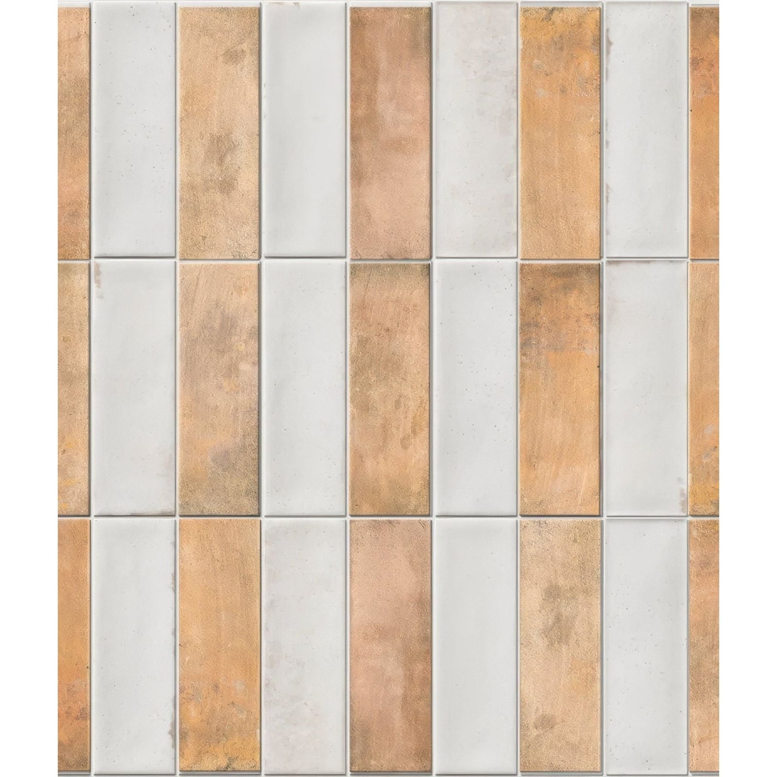 Petite porcelain matt cotto dark rectangular tiles in alternating white and warm terracotta tones with textured finish