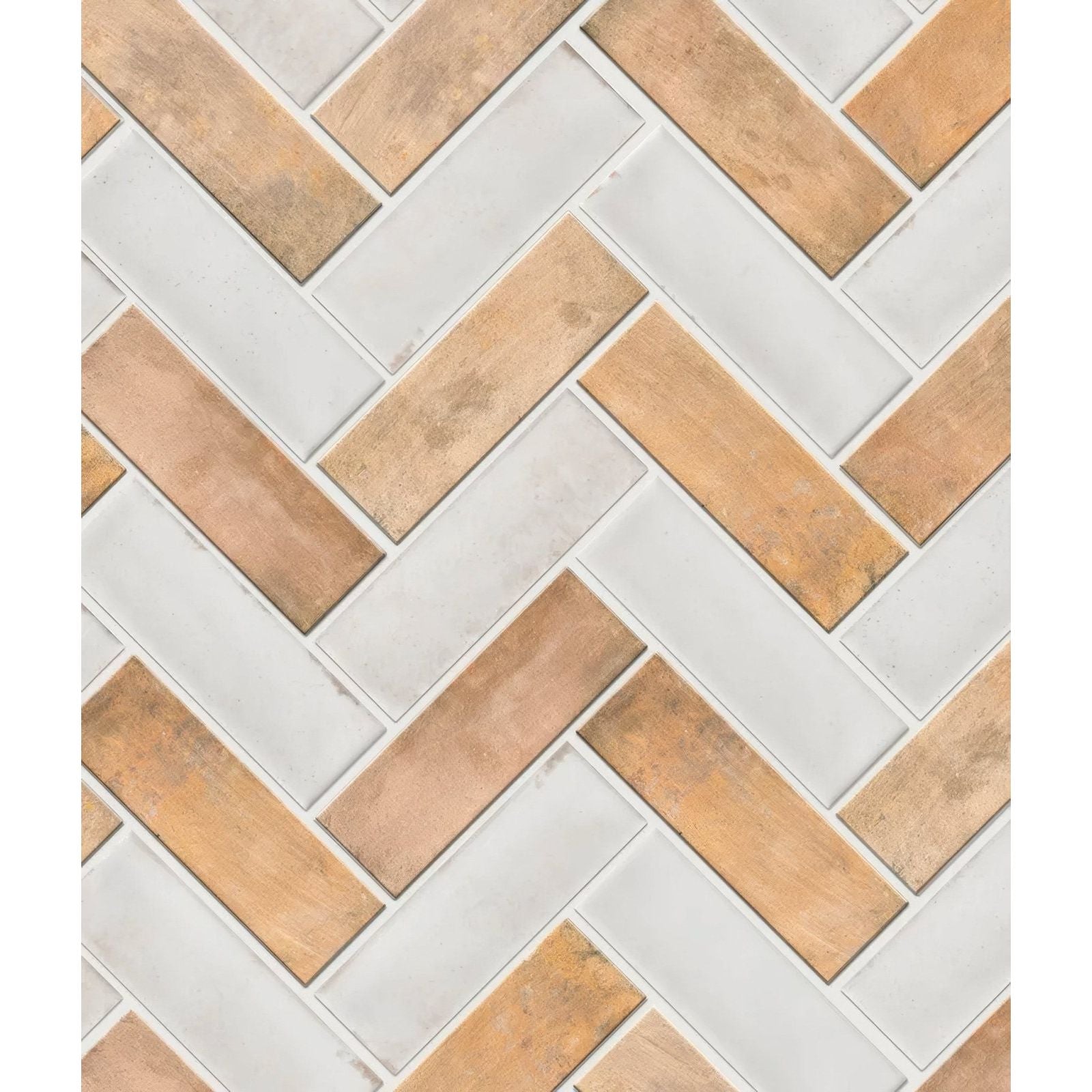 Herringbone-patterned petite porcelain matt cotto dark tile mosaic with light beige and warm terracotta matte finish