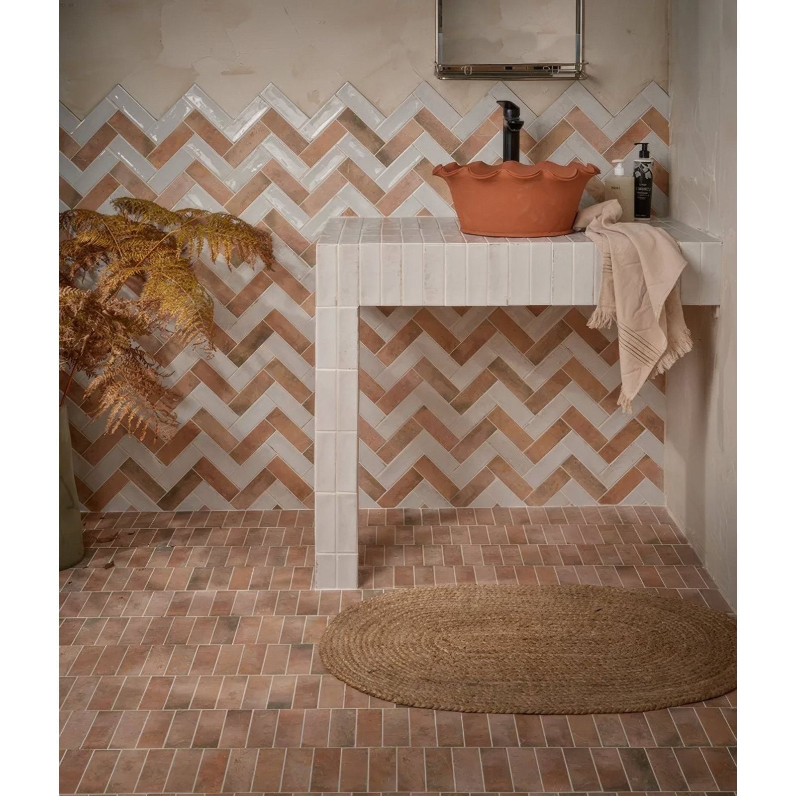 Petite porcelain matt cotto dark terracotta ceramic vessel sink with scalloped rim for bathroom use