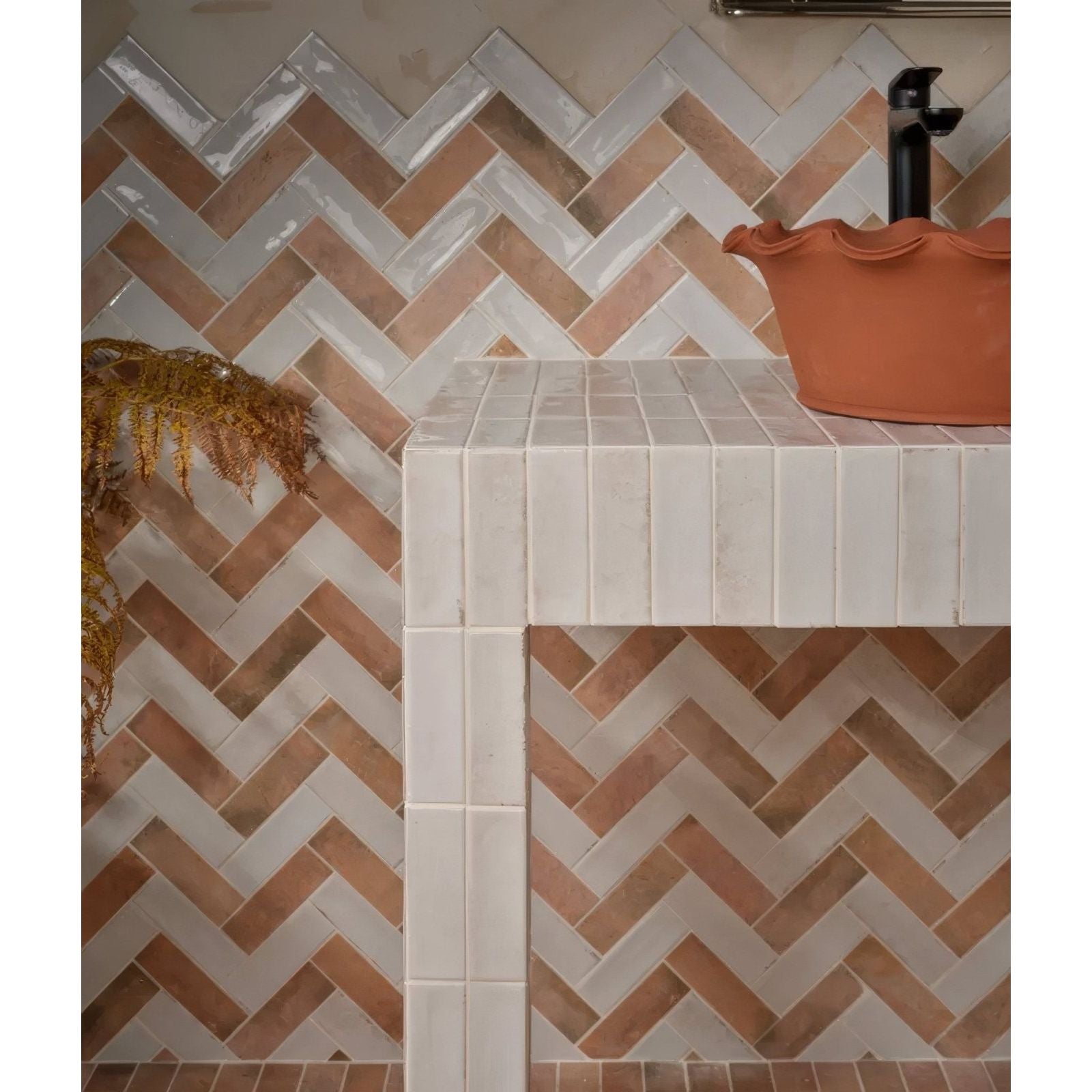 Petite porcelain matt cotto dark bathroom tiles with terracotta and white herringbone pattern in porcelain material