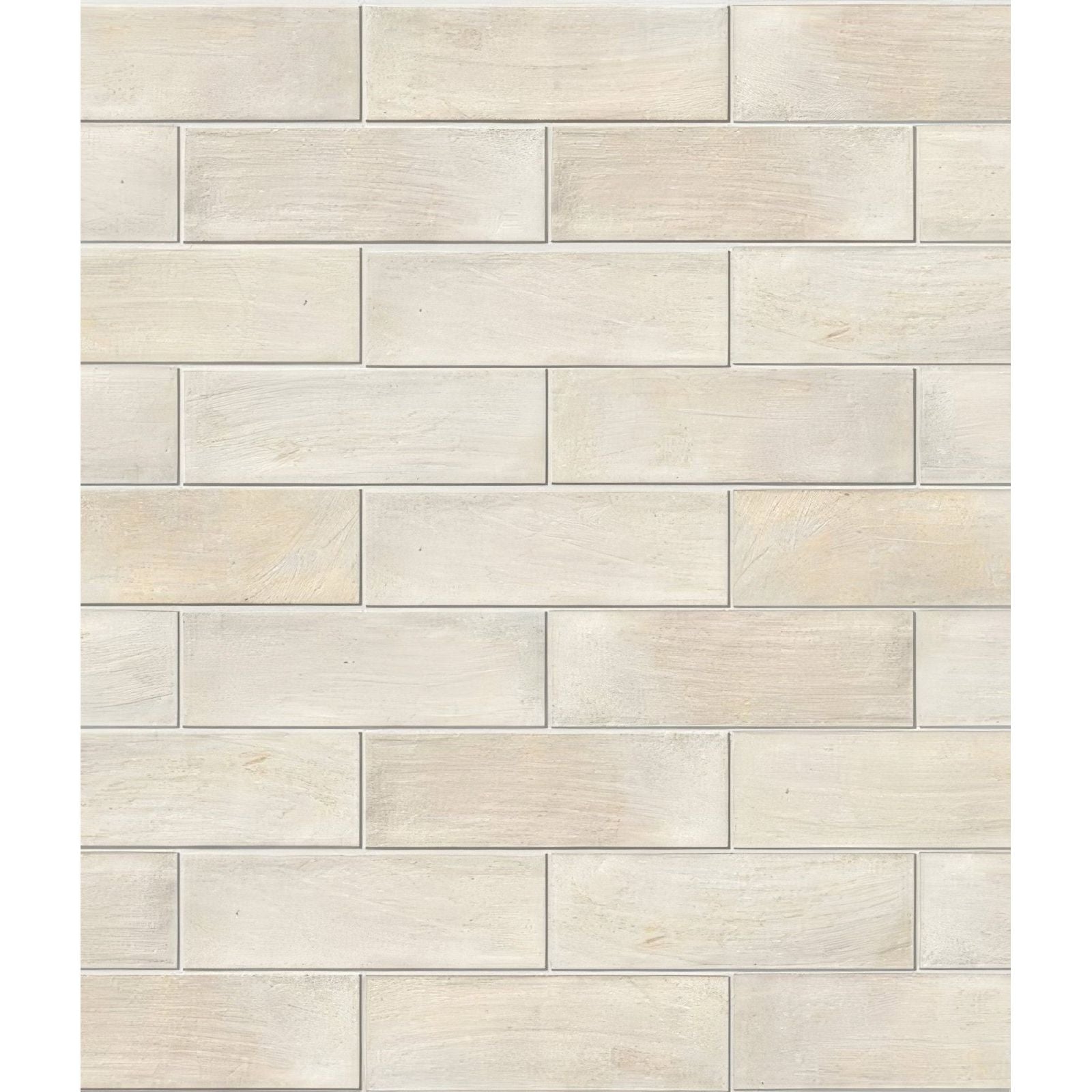 Beige rectangular porcelain subway tiles with subtle wood grain texture in classic brick pattern petite matt cotto light