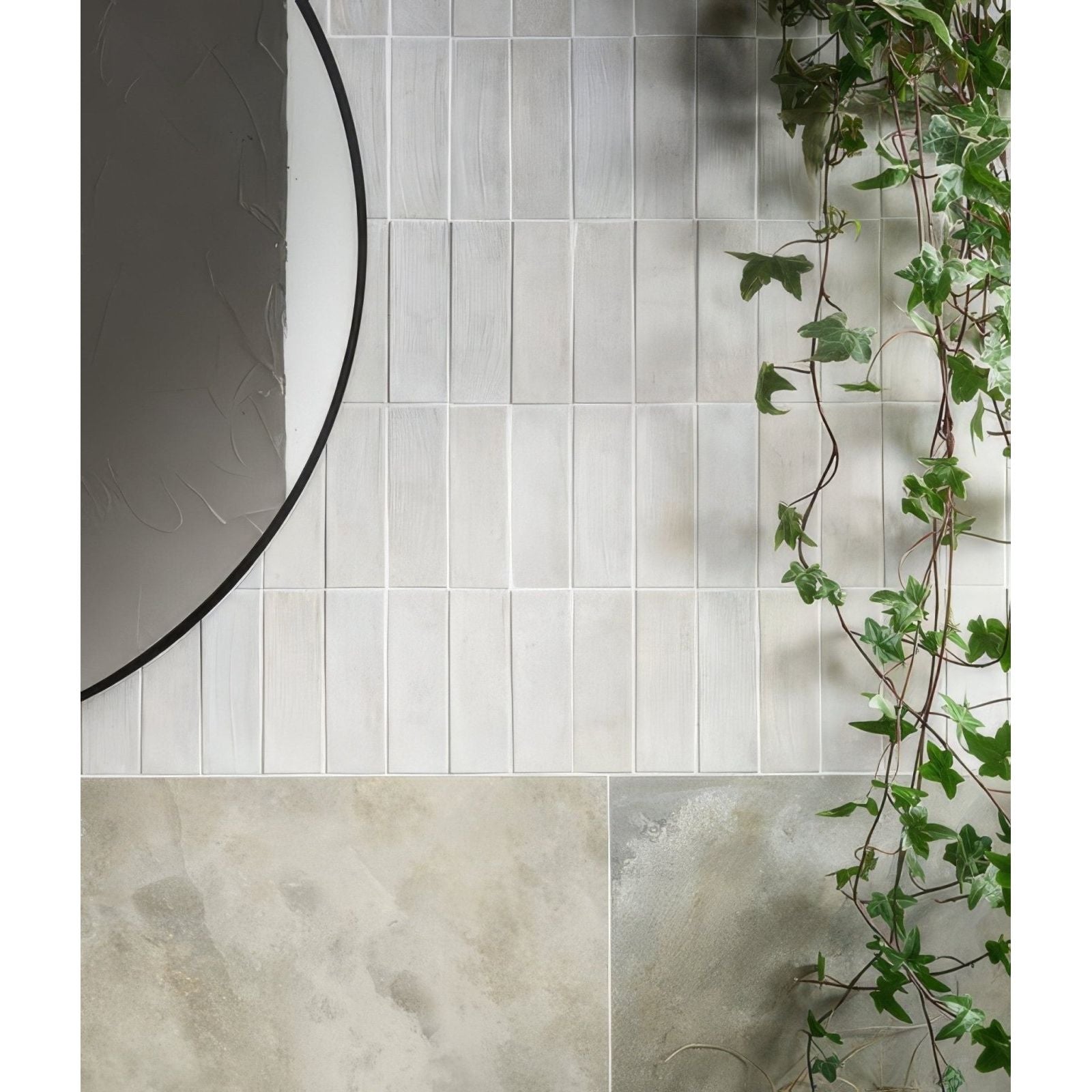 White rectangular porcelain subway tiles with a matte finish arranged in vertical rows petite porcelain matt cotto light
