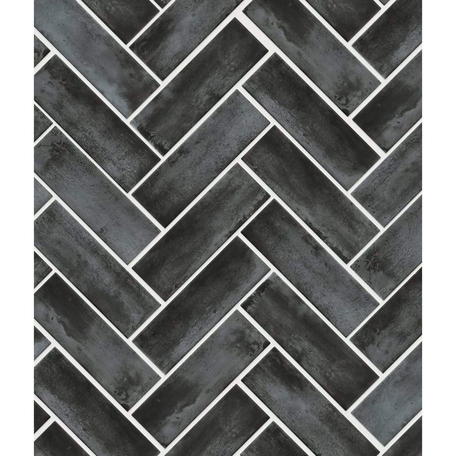 Petite porcelain matt graphite dark gray herringbone tiles with textured concrete finish and white grout lines