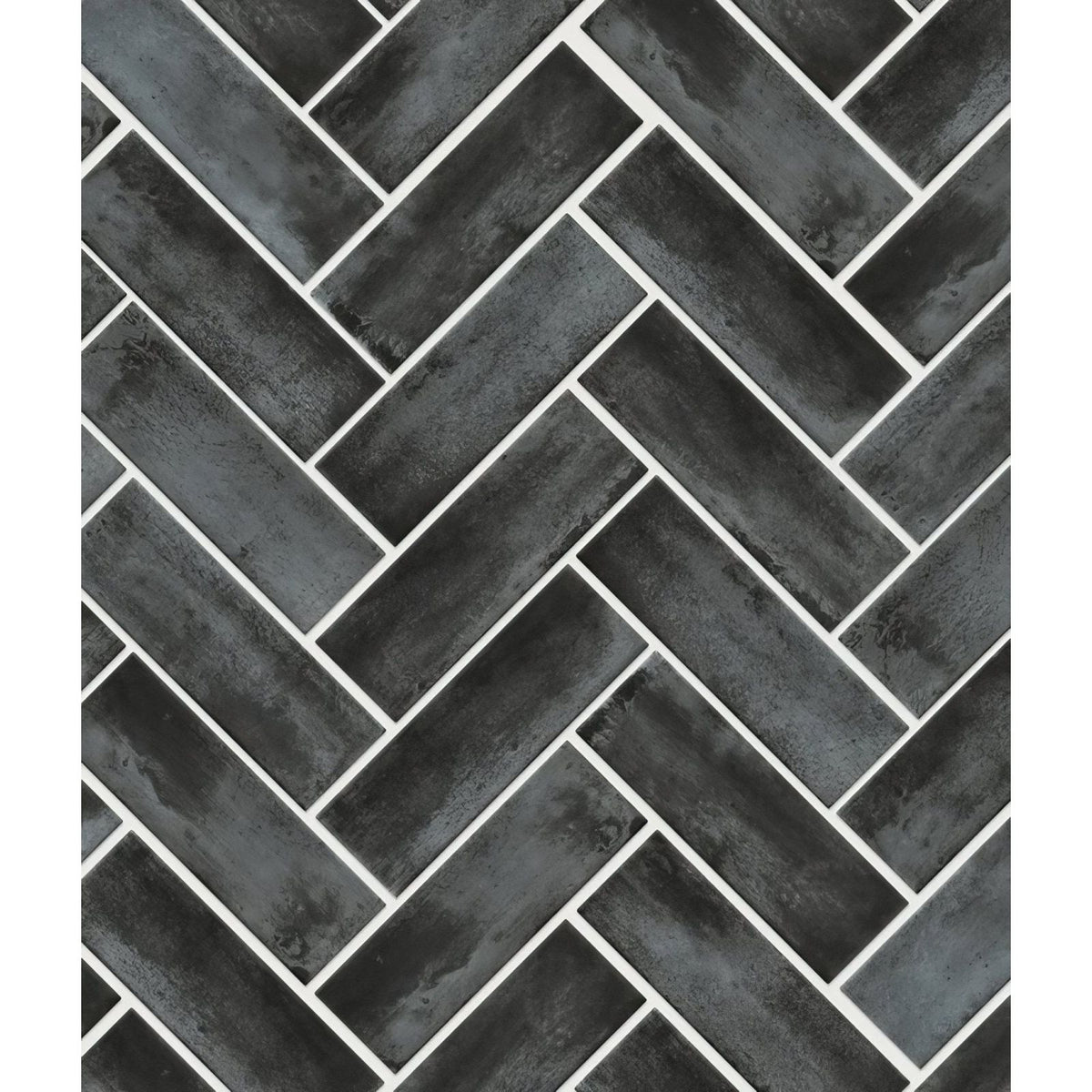 Petite porcelain matt graphite dark gray herringbone tiles with textured concrete finish and white grout lines