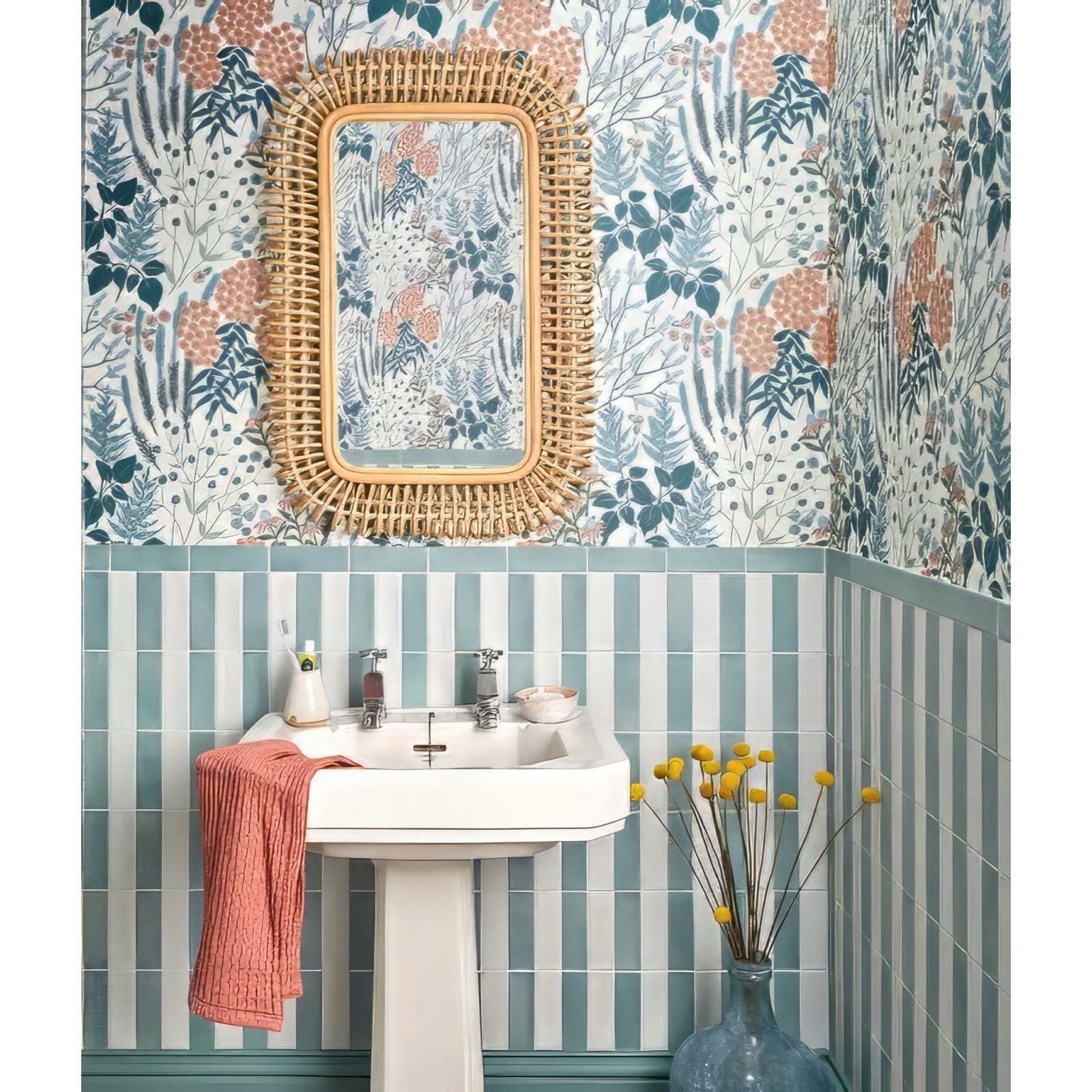 Woven rattan-framed rectangular mirror with a botanical patterned glass surface in petite porcelain matt white finish