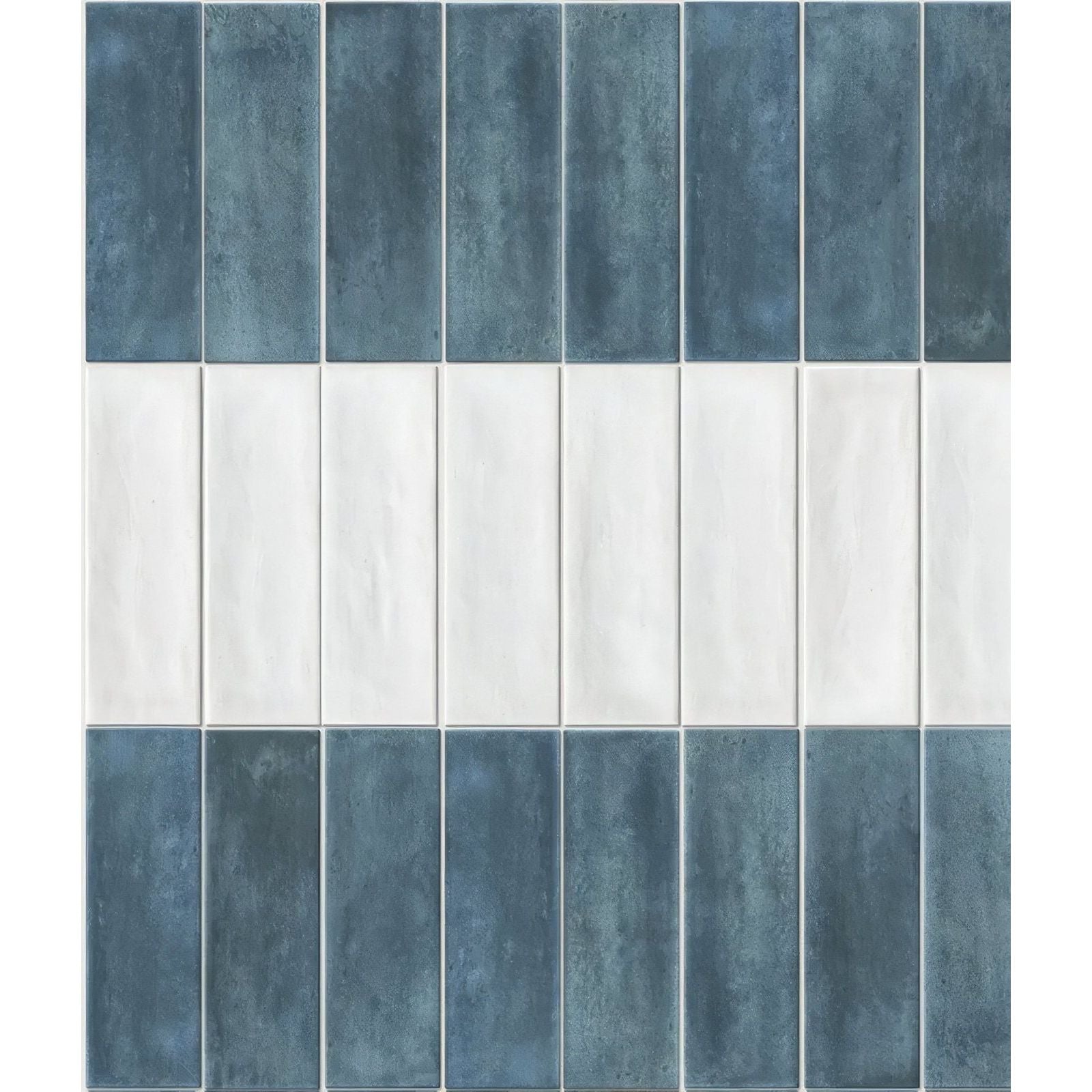 Petite porcelain matt white blue and white rectangular ceramic tiles with textured matte finish arranged in alternating rows