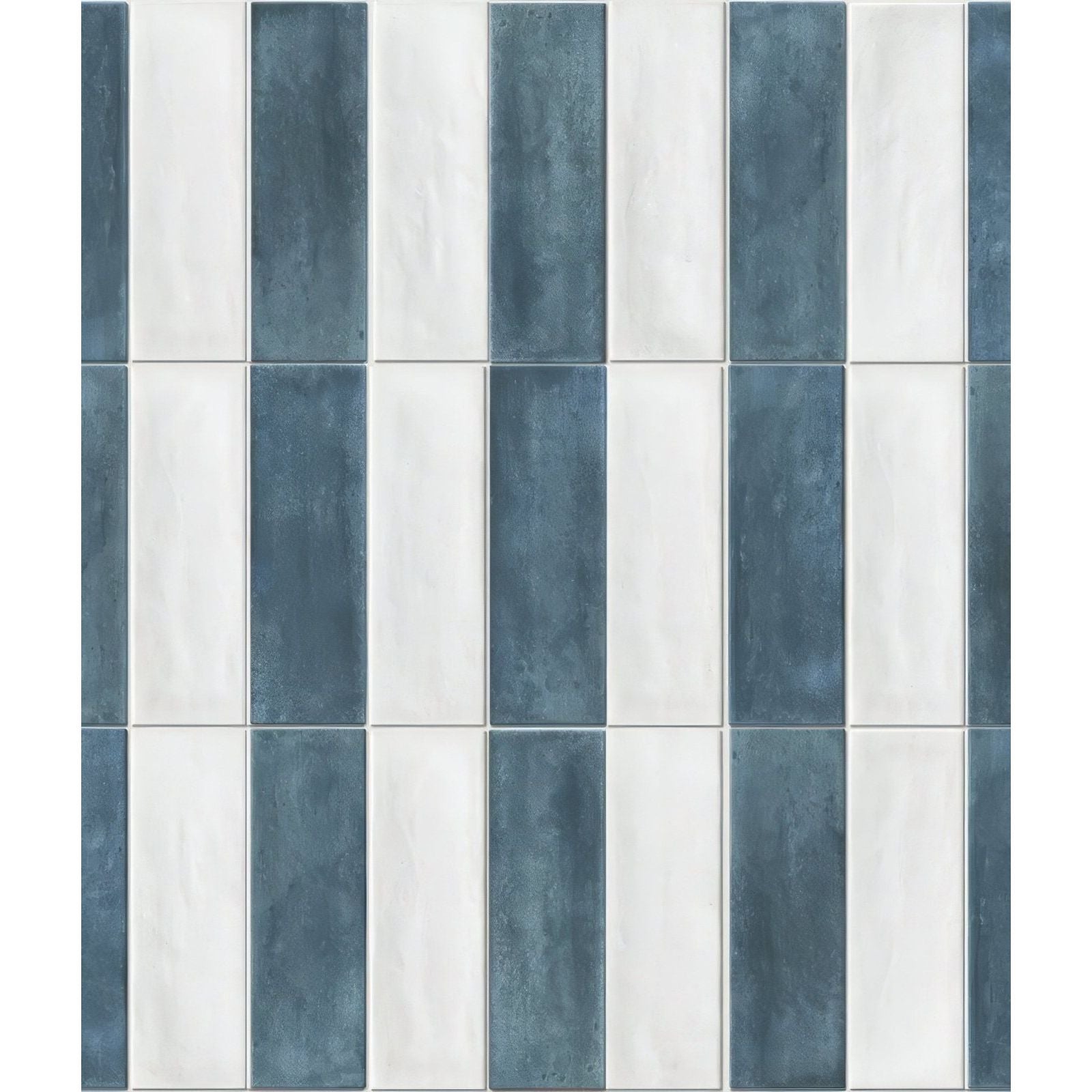 Blue and white rectangular petite porcelain matt white tiles arranged in a striped pattern for wall use