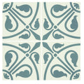 Four square ceramic tiles with symmetrical ornate teal pattern on off-white dover white background phoenician denim