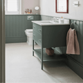 Dark green vanity with white countertop and silver hardware in piazza bone 60 x 60cm bathroom cabinet