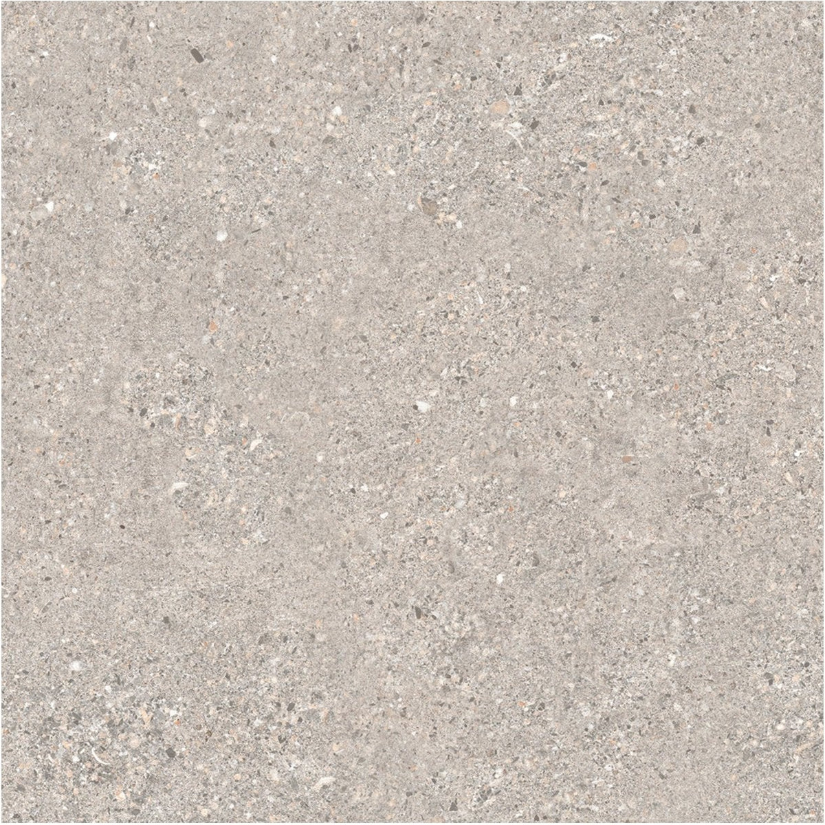 Gray concrete tile piazza silver 60 x 60cm with speckled texture and subtle tone variations for flooring use