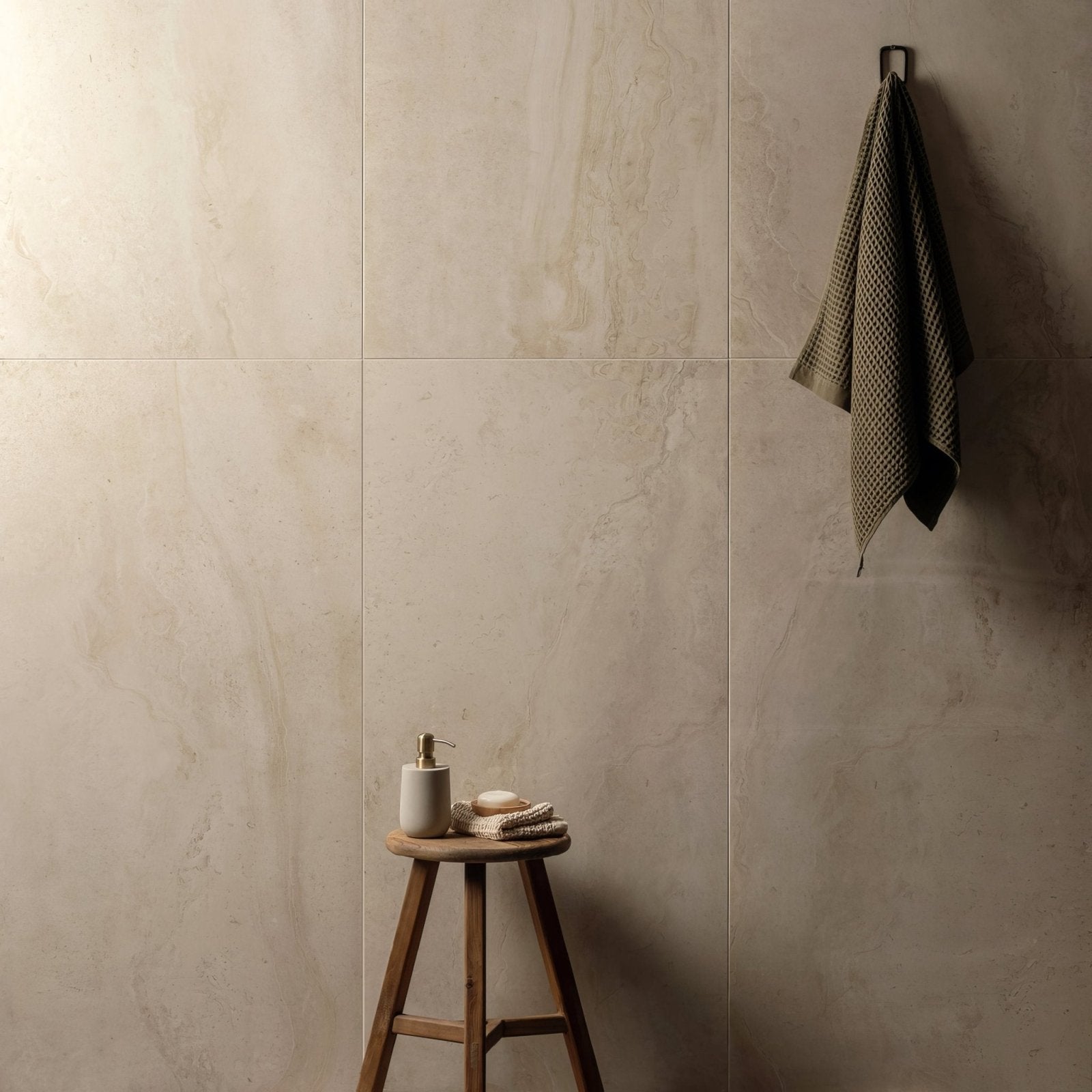 Beige marble-effect wall tiles with subtle veining and a matte finish pierre belle polished 120x60
