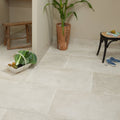 Light gray rectangular pierre porcelain beige floor tiles with a subtle matte finish
