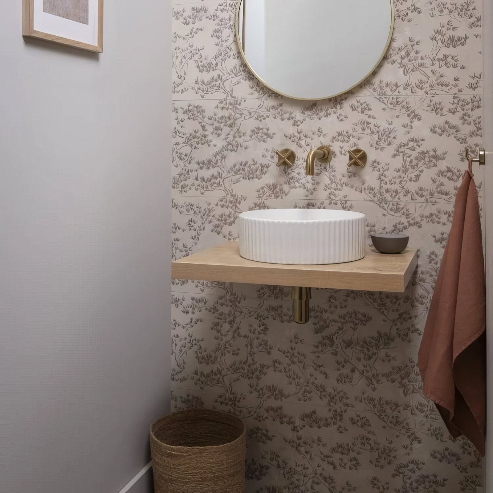 White ribbed ceramic vessel sink with eastern mist pine single tile design for bathroom use