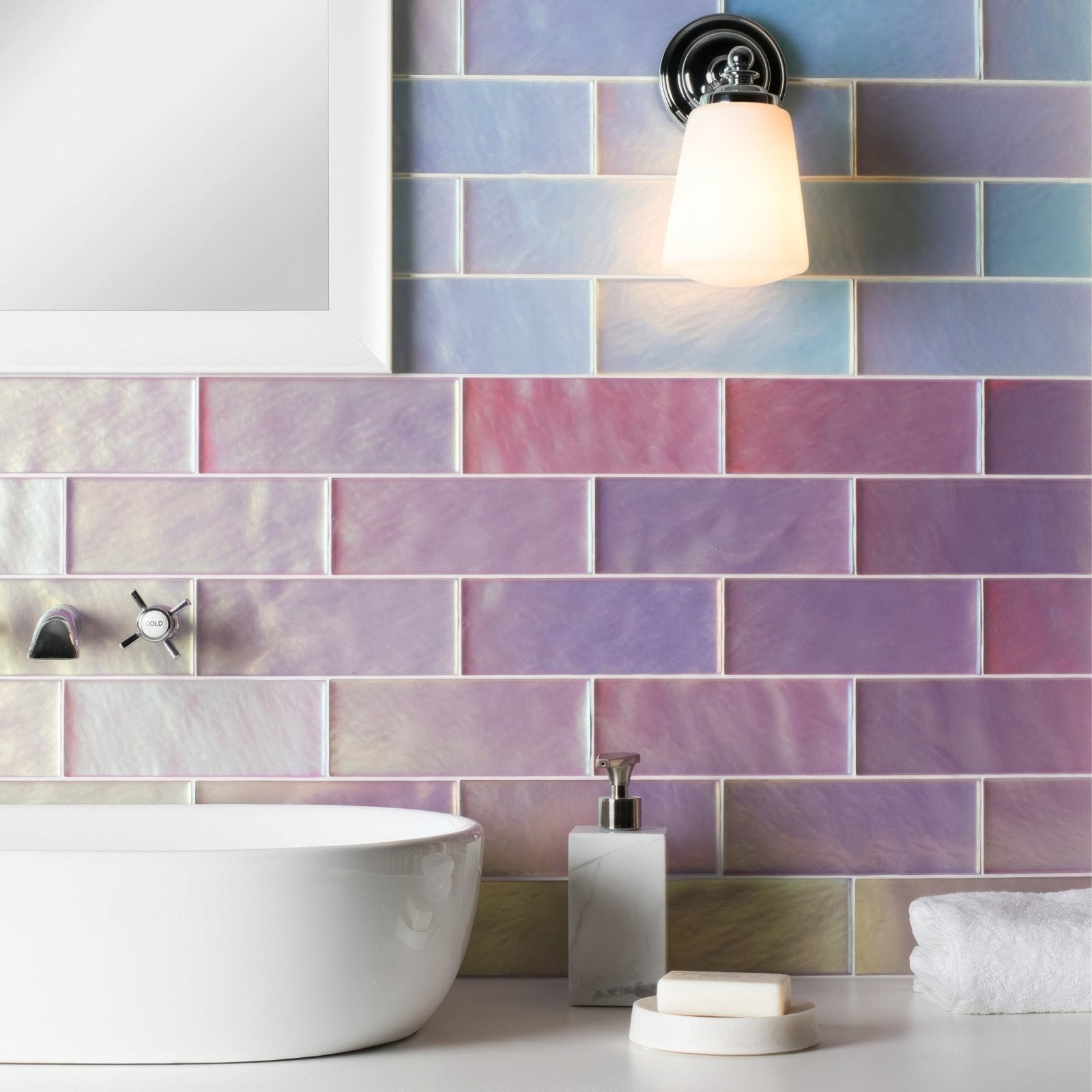 Iridescent purple and pink subway tiles with a glossy pearlescent finish for wall decoration pink frost brick radiance