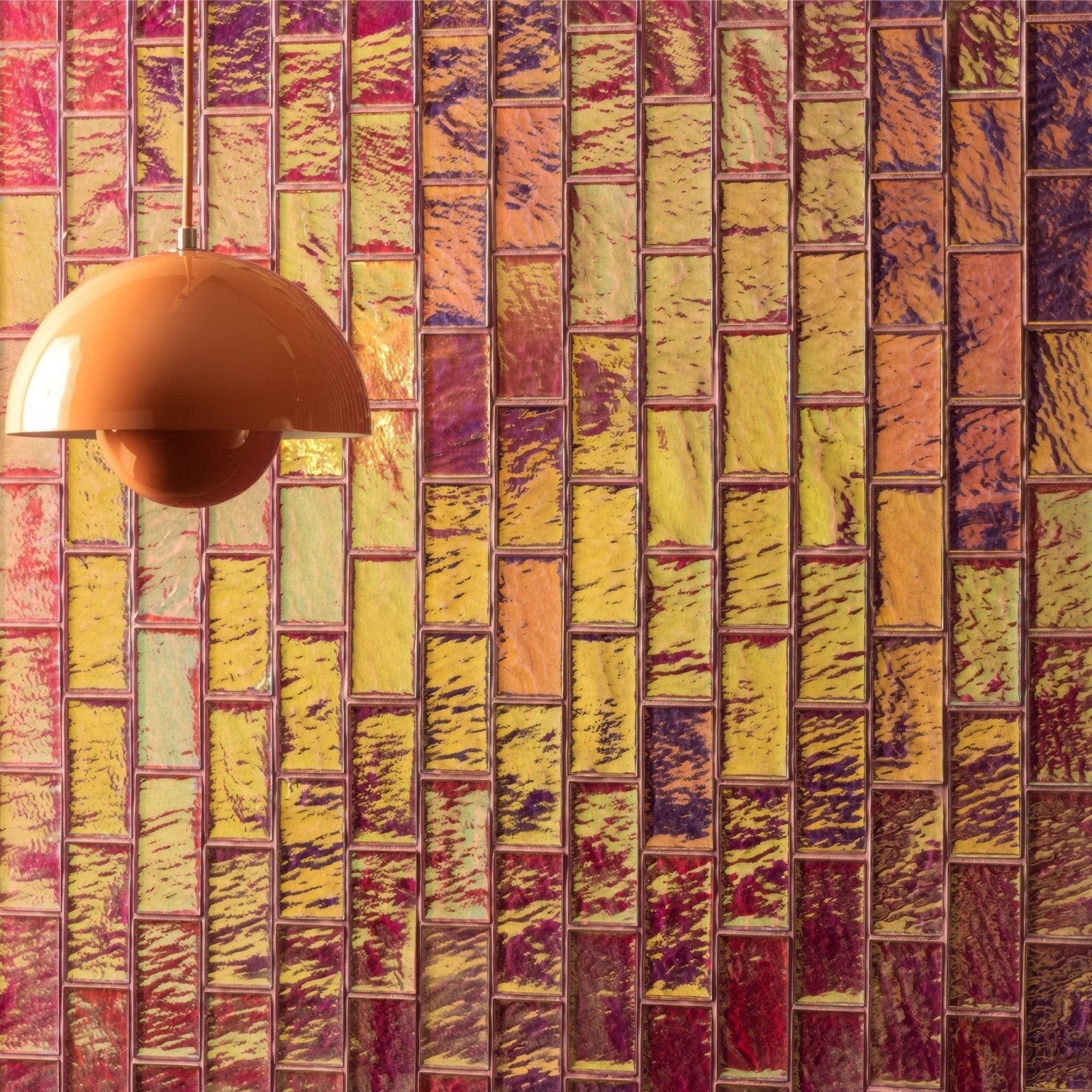 Pink Gloss Mosaic Radiance purple and lavender iridescent glass mosaic with a terracotta pendant lamp