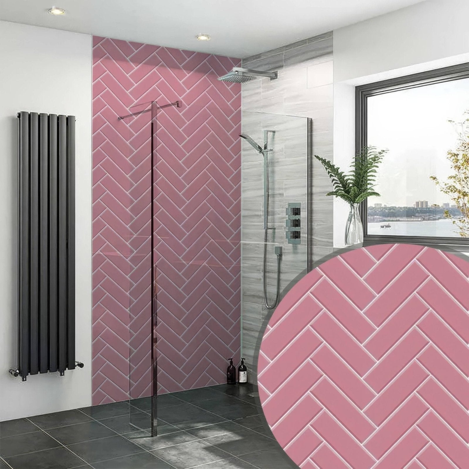 Pink herringbone shower panel with glossy finish featuring pink herringbone patterned bathroom tiles