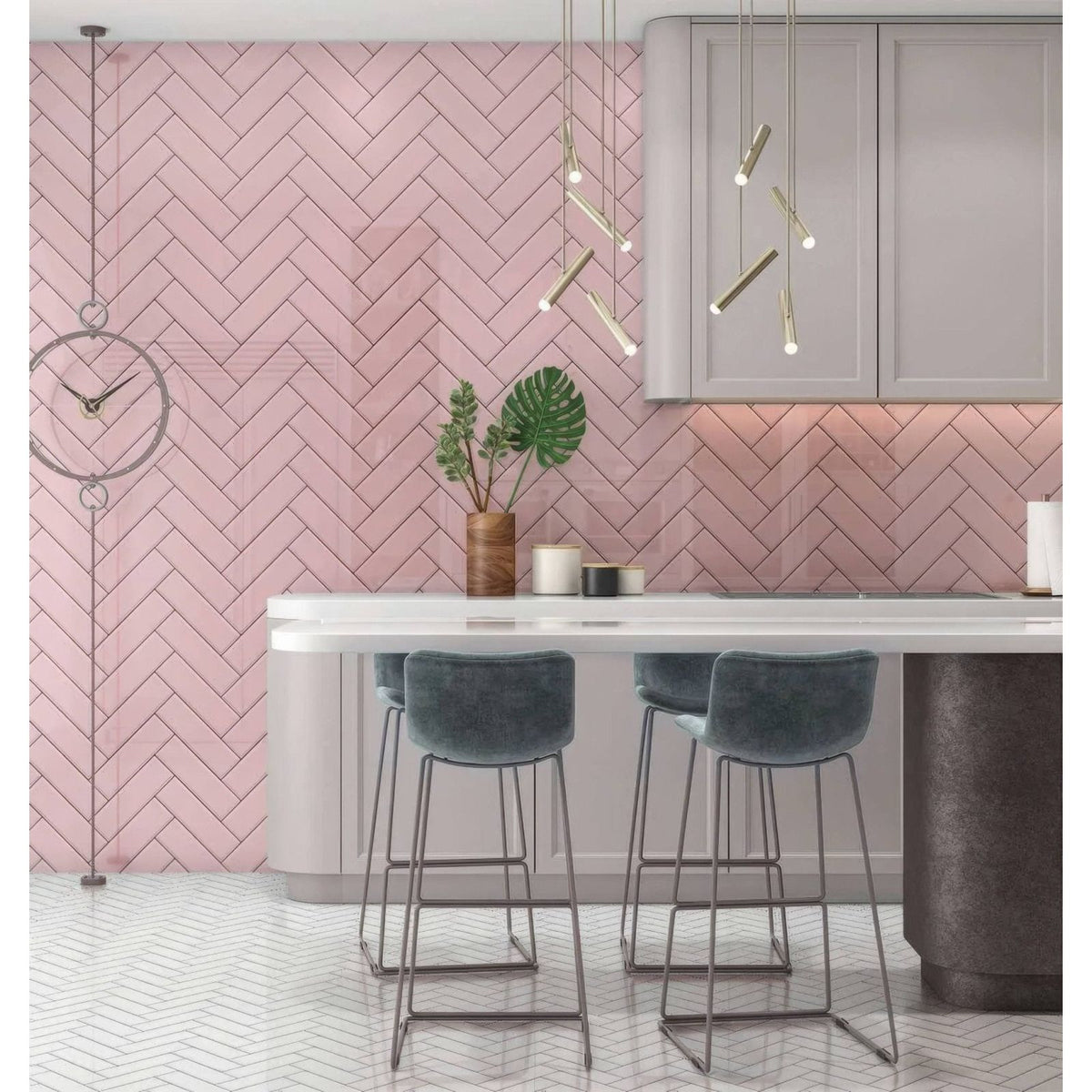 Pink herringbone shower panel with glossy finish featuring pink glossy ceramic subway tiles in a herringbone pattern