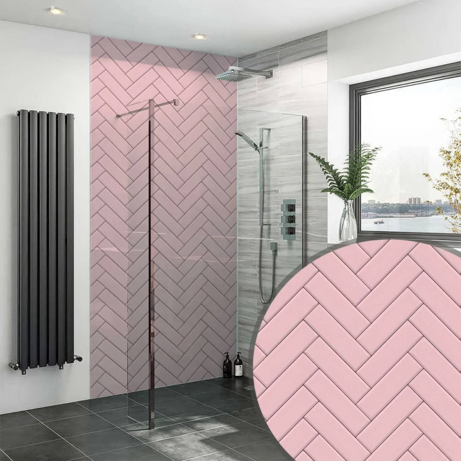 Pink herringbone shower panel featuring pink herringbone patterned bathroom tiles for stylish wall decor