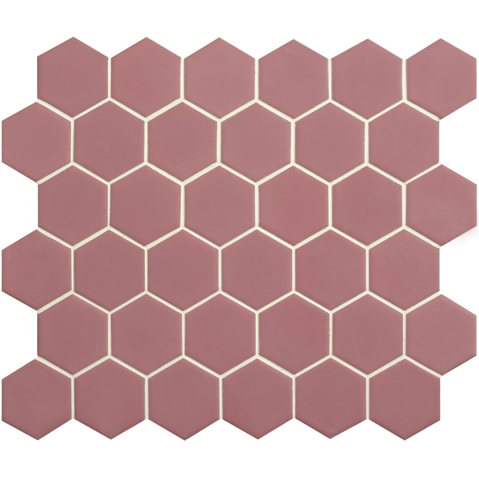 Pink hexagon slip resistant terracotta-colored mosaic tile with cream grout lines for safe flooring use
